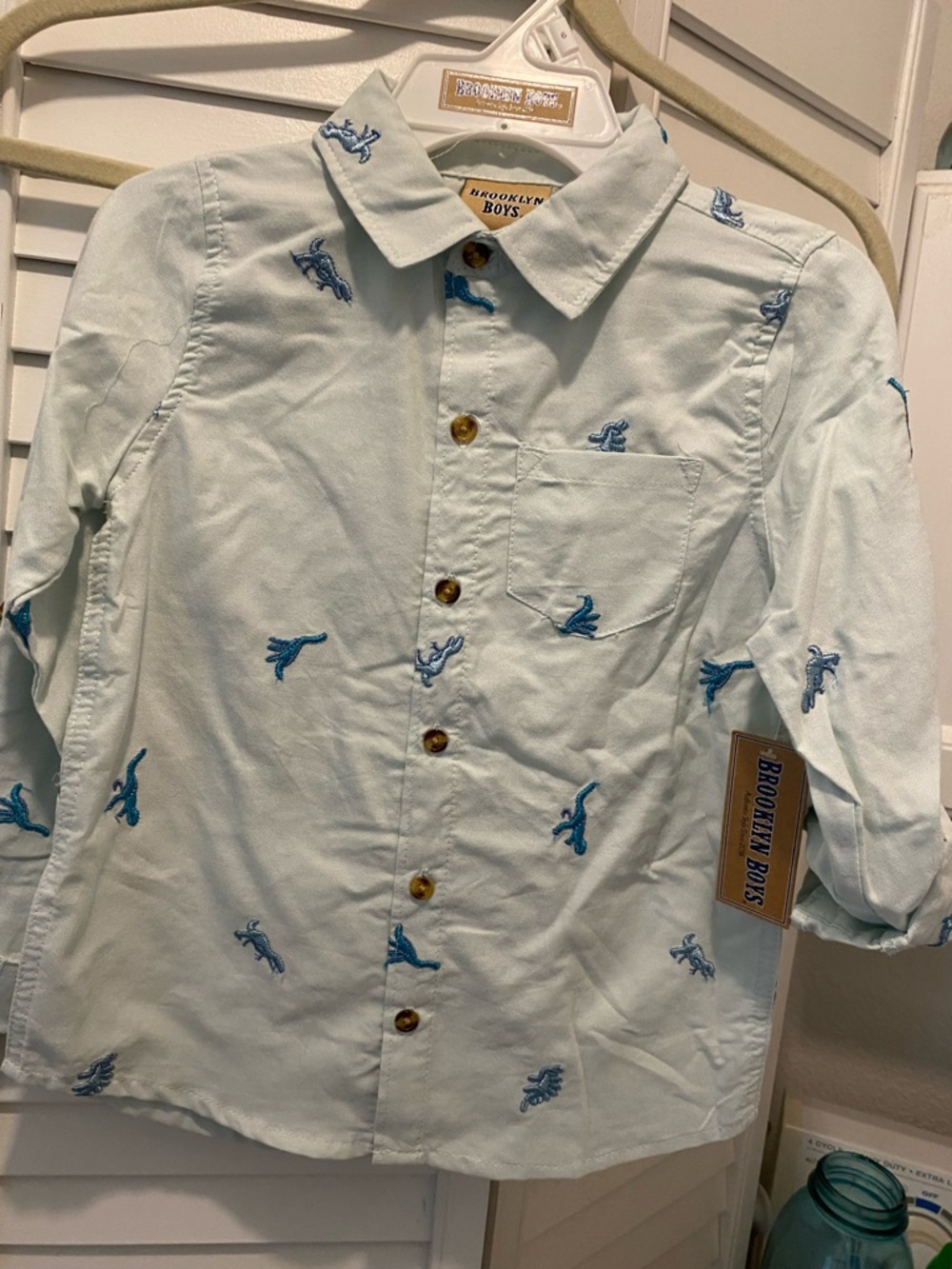 Brooklyn Boys “Button-Up Shirt w/Embroidered Dinosaurs” Size 6 Blue NWT